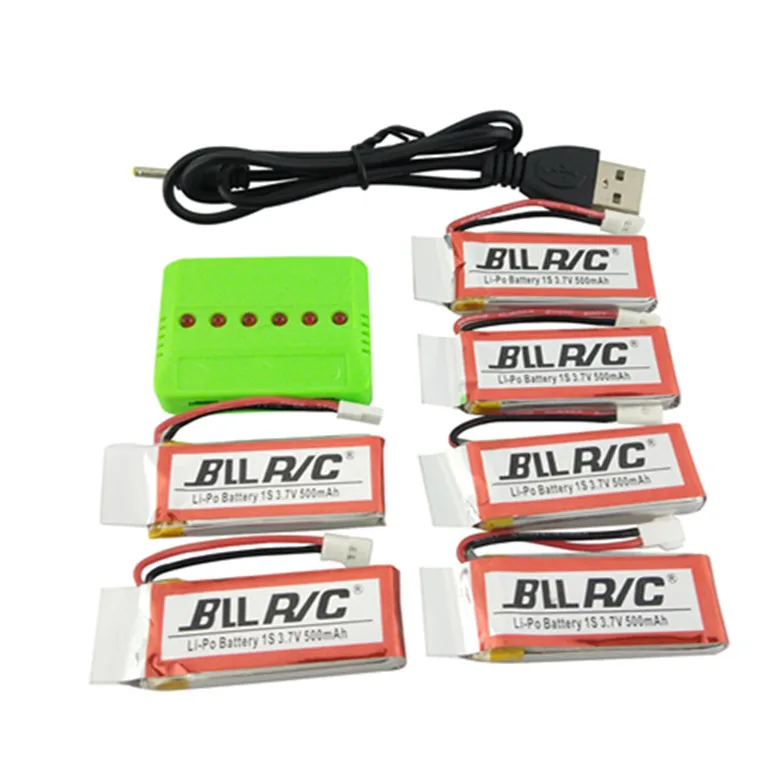 

BLLRC 6PCS 3.7V 500mah Battery and 6 in 1 Charger for Hubsan X4 H107C H107P H107D H108C SYMA X5C X5SW X11C U816 Aircraft Battery