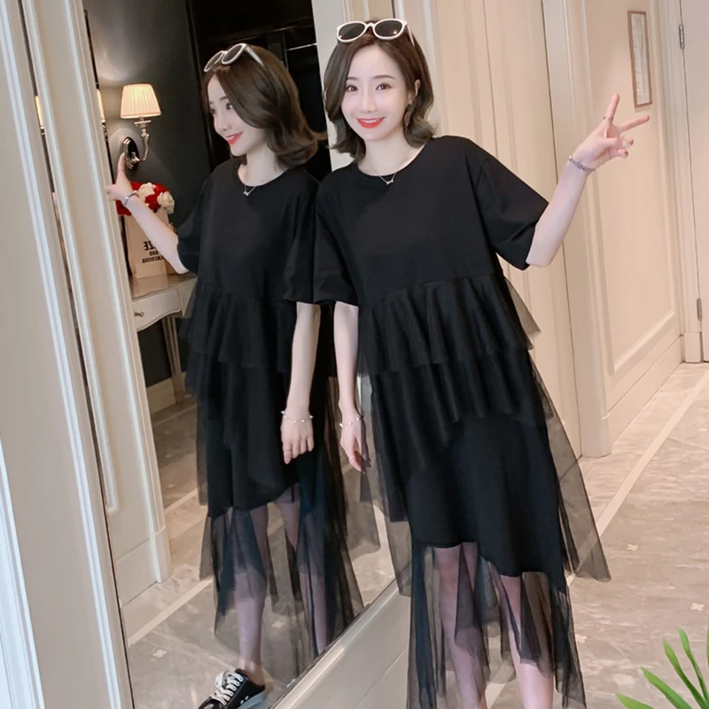 2020 Summer Women's New Dress In The Long Section Over Knee Stitching Mesh Fashion Pleated Casual Vestido QQ191 | Женская одежда
