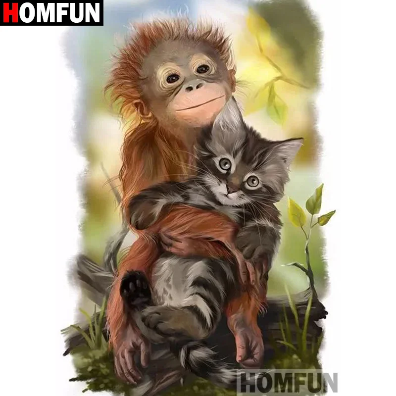 Алмазная 5D картина с квадратными/круглыми стразами HOMFUN животные обезьяна кот 3D