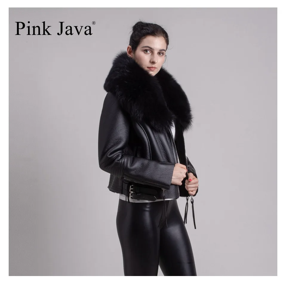 Розовая java QC8088, новинка,, Женская куртка из натурального меха Мериносовой овцы, большая куртка с воротником из натурального Лисьего меха, пальто из искусственной кожи