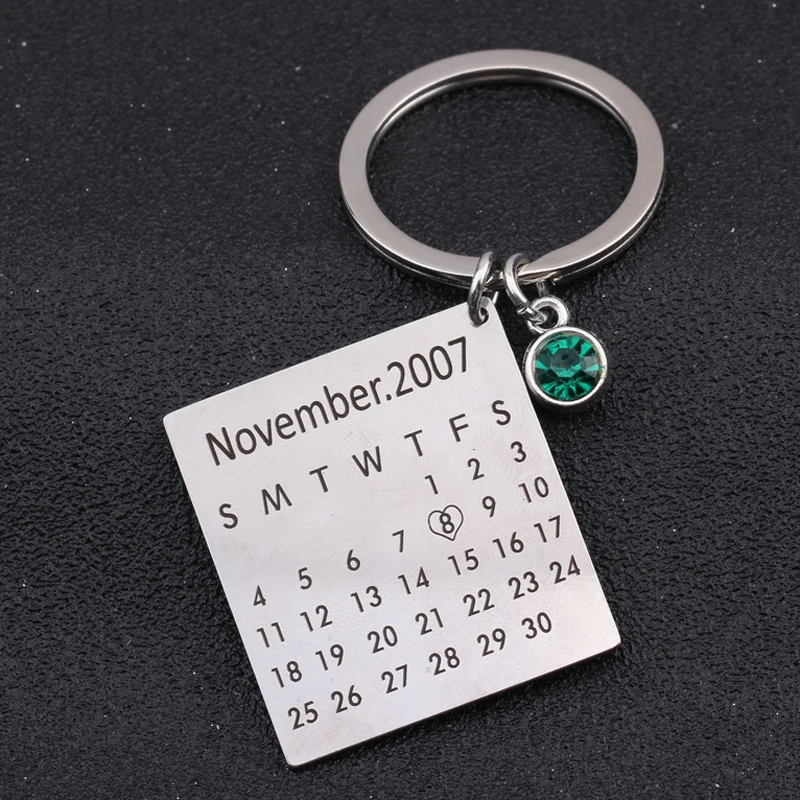 Custom Keychain Engraved Highlighted with Heart Date Birth Stone Choose Keepsake Calendar Pendant Souvenir Key Holder | Украшения и
