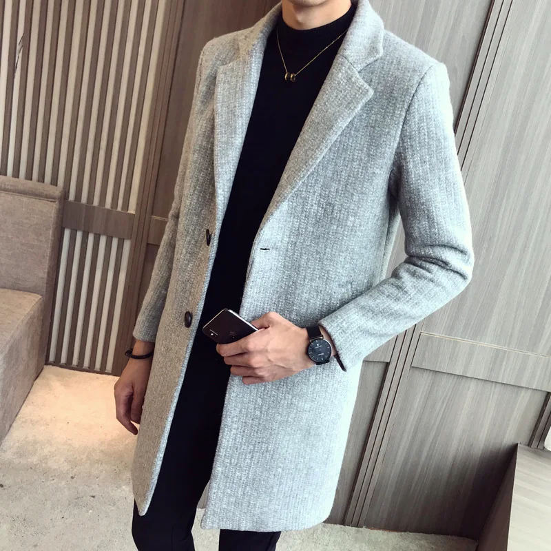 

Мужская ветровка, длинный сезон, новинка, тканевое пальто для культивирования морали, мужское Однотонное шерстяное пальто