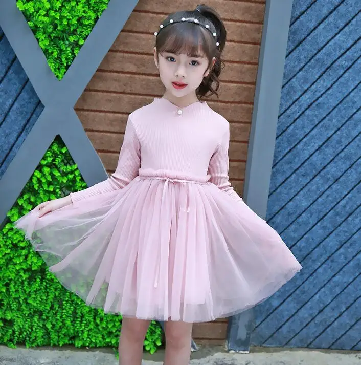 Rlyaeiz Girls Dresses Ball Gown Dress 2019 Spring Autumn Knit Cotton Mesh Patchwork Party Princess Kids Clothes | Детская одежда и