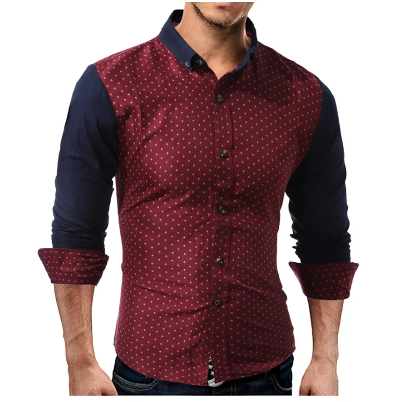 F-SFRWA 2019 Brand Dress Shirts Mens Polka Dot Stitching Shirt Slim Fit Male Long sleeve Heren Hemden shirt XXL | Мужская одежда