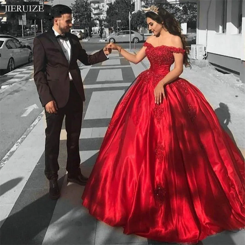 

JIERUIZE Красные кружевные аппликации бальное платье Свадебные платья с открытыми плечами вышитые бисером платья невесты недорогие свадебные платья