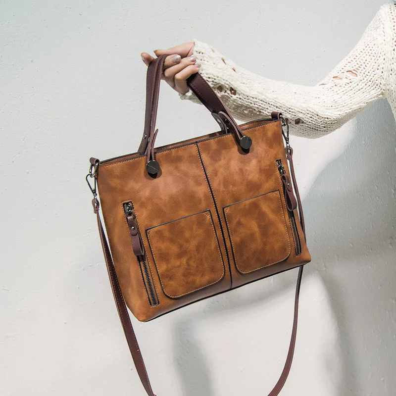 Новинка 2019 женские сумки однотонная сумка на плечо с карманом модные тоут