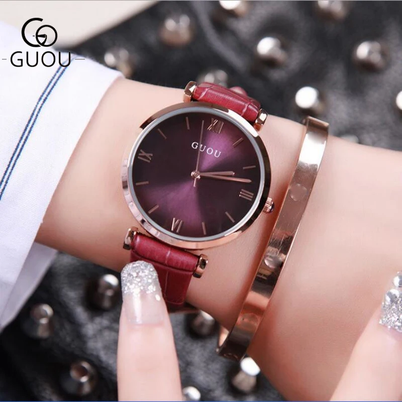 GUOU простые модные часы женские ударопрочные римские с кожаным ремешком|horloge