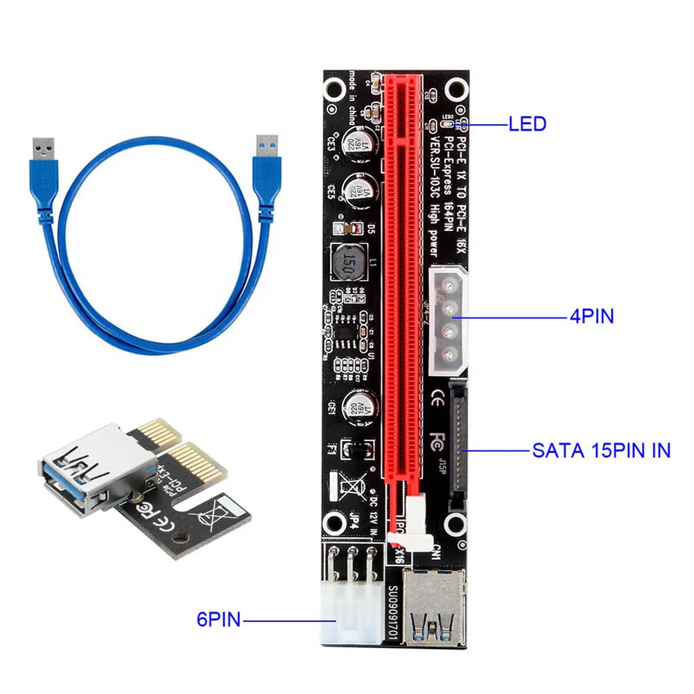 

New PCI-E Express 1X To 16X Extender Riser Mining Card Adapter Cable USB 3.0 LED SATA 6 Pin Power Cable For Mining Adapter