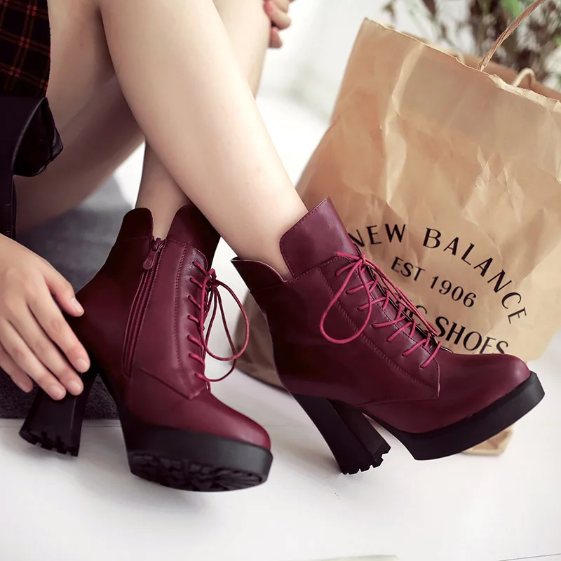 WETKISS Platform Ankle Boots Women Lace Up Motorcycle Booties Round Toe Zip Shoes Female High Heels Thick Ladies Winter | Обувь