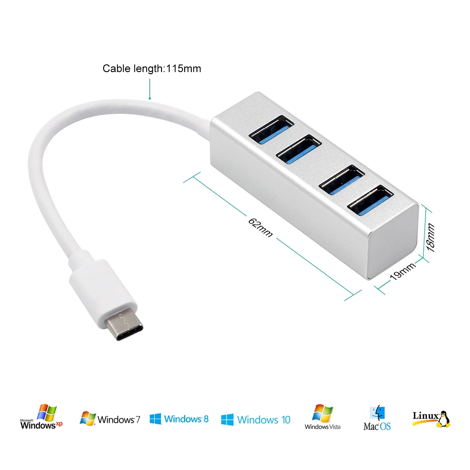 Концентратор USB C, ультра тонкий адаптер с 4 портами USB 3,0 для MacBook Pro iMac, Google Chromebook Pixelbook, концентратор USB Type C (art.: 7a6727bae) - 7a6727bae