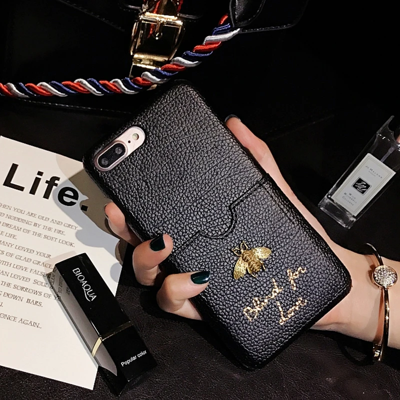 Luxury Fashion brand Classic 3D Metallic Honey Bee Card soft Leather hard phone case for iphone6 7 8plus X XR XS Max cover |