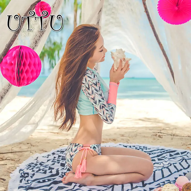 UTTU новинка 2016 Танкини с длинным рукавом из кусков бахрома купальник высокая