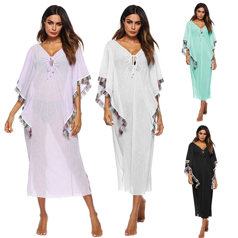 Длинное пляжное платье Kaftan Белая Туника накидка для плавания на шнурках с