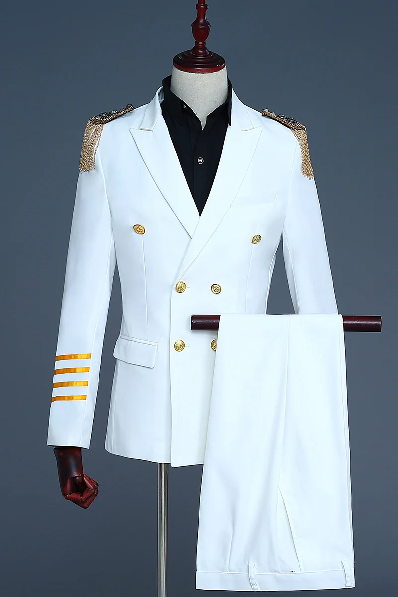 Double-breasted suit dress uniforms male captain fringed epaulets costumes presided DJ personality suits man | Мужская одежда