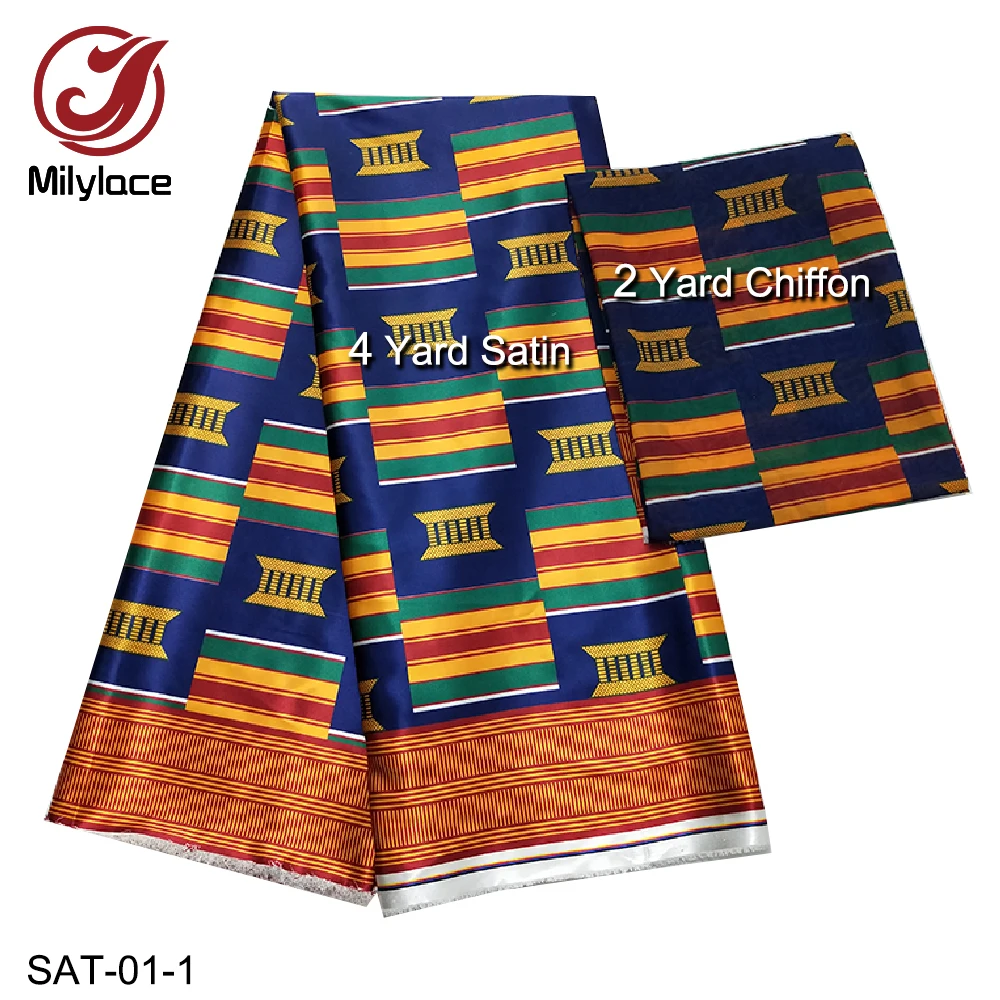 

Fashion African Satin Fabric Digital Printing Wax Pattern 4 Yards +Ankara PrintingChiffon Fabric 2 Yards for Clothes SAT-01-1-6