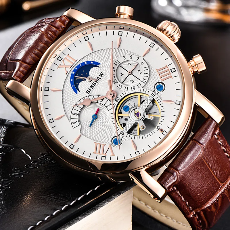 Часы BINSSAW Reloj мужские механические автоматические деловые кожаные Montre Homme Moon Phase