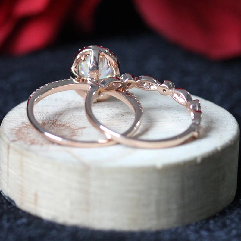 Solid 14K розовое золото Moissanite кольцо набор овальной огранки 8X6 мм 1.5CT обручальное кольцо и сочетающийся ремешок для женщин