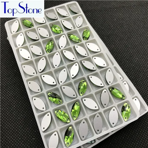 grass green TopStone 6x12 мм 7x15 мм 9x18 мм Navette пришитые камни плоские стеклянные кристаллы 2 отверстия пришивные стразы в виде конского глаза для одежды - Цвет: grass green