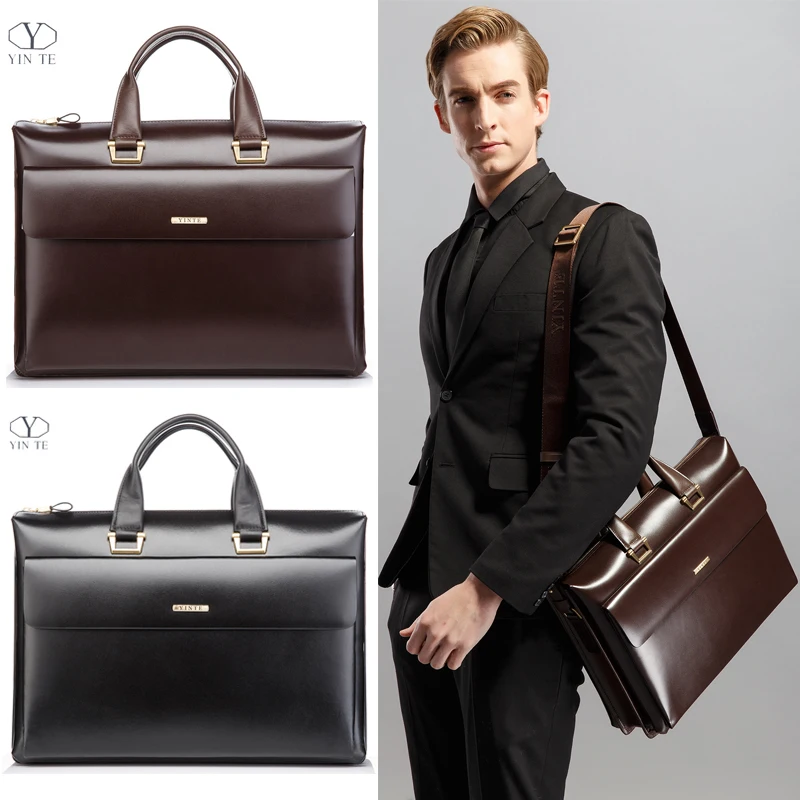 YINTE Business Men's Briefcase Leather 14 inch Laptop Bag High Quality Messenger Large Capacity Men's Totes Portfolio T8182-3