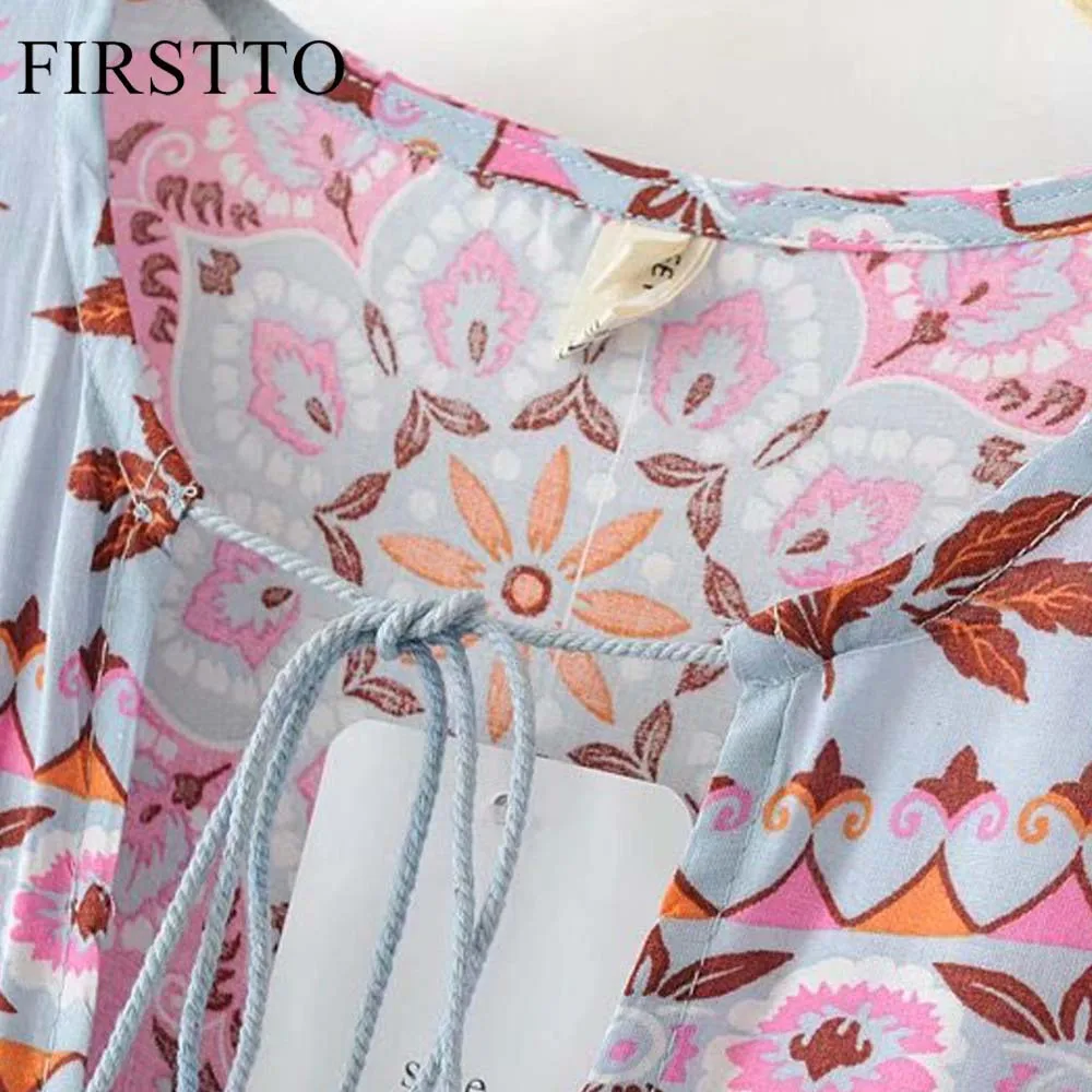 FIRSTTO Этническая цветная Цветочная рубашка с перекрестной шнуровкой