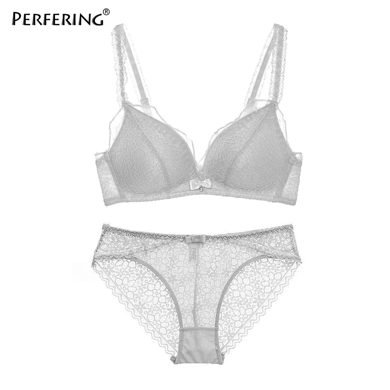 GRAY BRA SET Perfering, комплект нижнего белья, бюстгальтер без косточек, нижнее белье, кружевной бюстгальтер пуш-ап, беспроводной хлопковый бюстгальтер для женщин, сексуальные бюстгальтеры, женские бюстгальтеры с вышивкой - Цвет: GRAY BRA SET