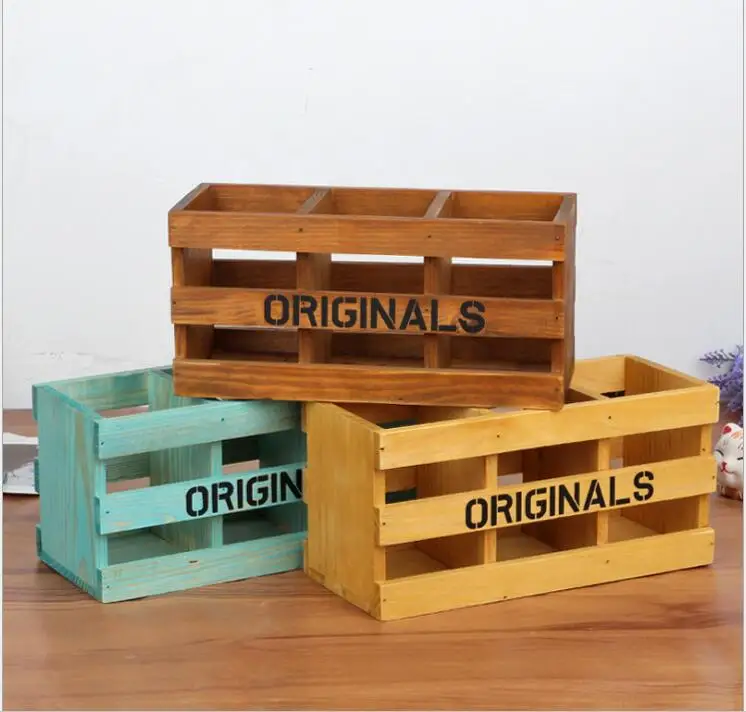 

Vintage Style Wooden Pen Holder House Storage Box with 3 compartment Desktop Organizer Remote control Holder Wooden Flower Vase