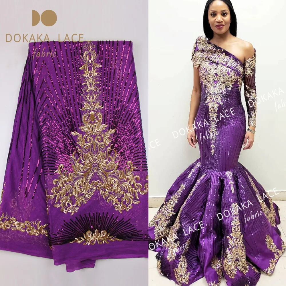 Gold Sequined African Net Lace Fabric 2018 High Quality Mesh Tulle Laces In Purple For Indian Women Evening Party Dress Fabrics