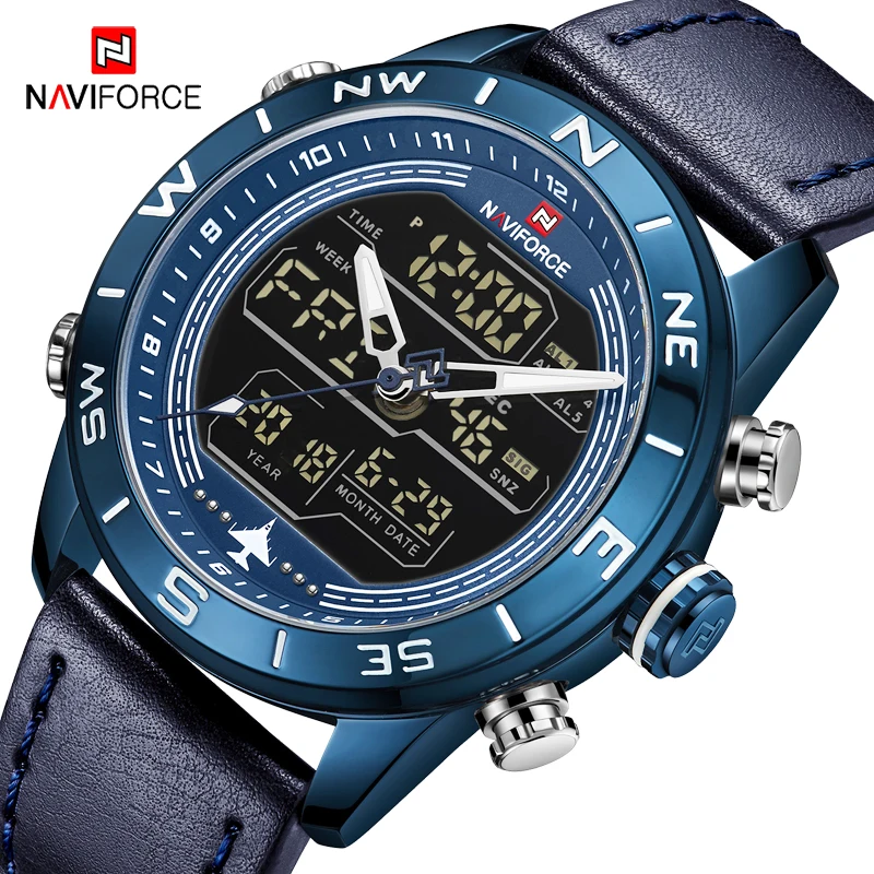 NAVIFORCE 9144 Модные мужские синие кожаные спортивные часы s светодиодный аналоговые