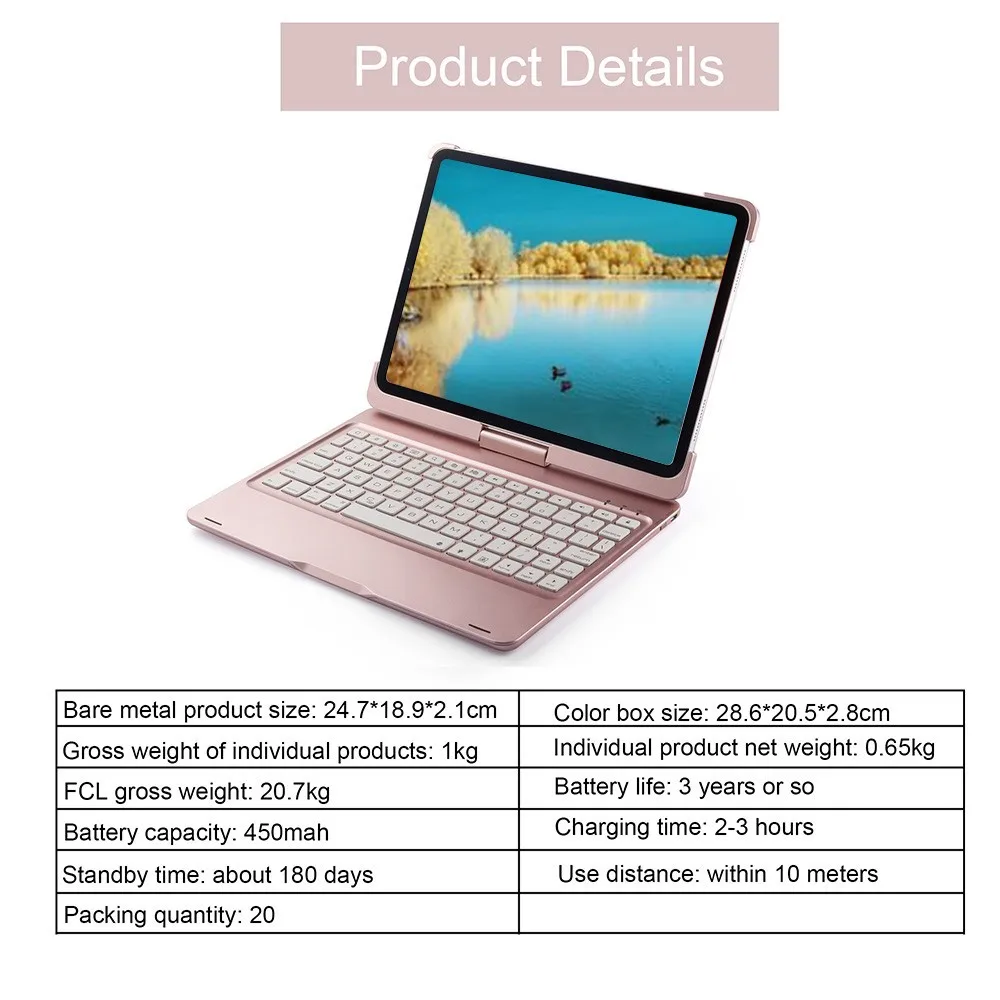 Чехол для iPad Pro 11 ’’ 10.5 ‘’ 9.7 ’’ 7 Цветная подсветка 360 Rotatio Крышка беспроводной клавиатуры Bluetooth Складная беспроводная клавиатура