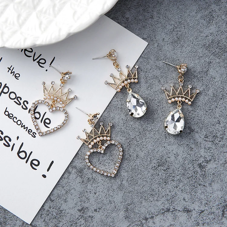 MENGJIQIAO Romantic Crystal Crown Love Heart Dangle Earrings Women Fashion Accessories Rhinestone Pendientes Lovely Gift | Украшения и