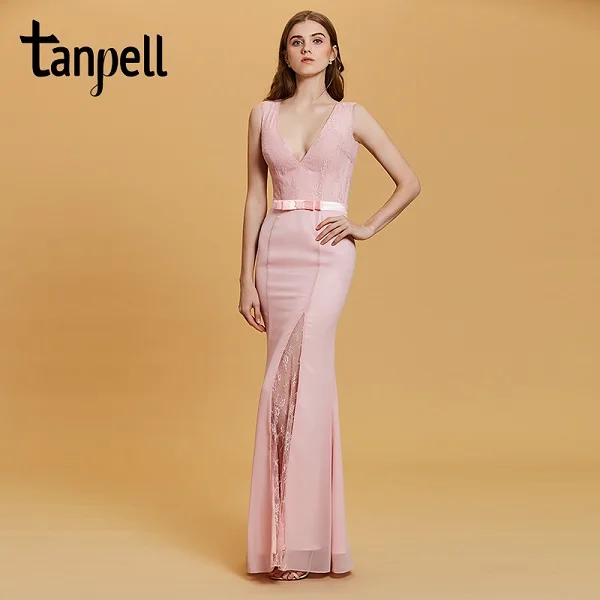pink Tanpell Сплит спереди розовое вечернее платье с v-образным вырезом без рукавов длиной до пола платье русалки женские вечерние длинные кружевные вечерние платья es - Цвет: pink