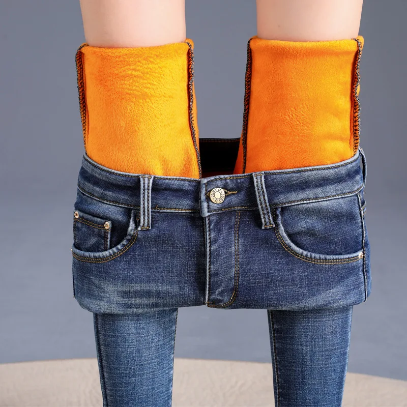 2019 Winter Jeans Women Gold Fleeces Inside Thickening Denim Pants High Waist Warm Trousers Female Snow | Женская одежда