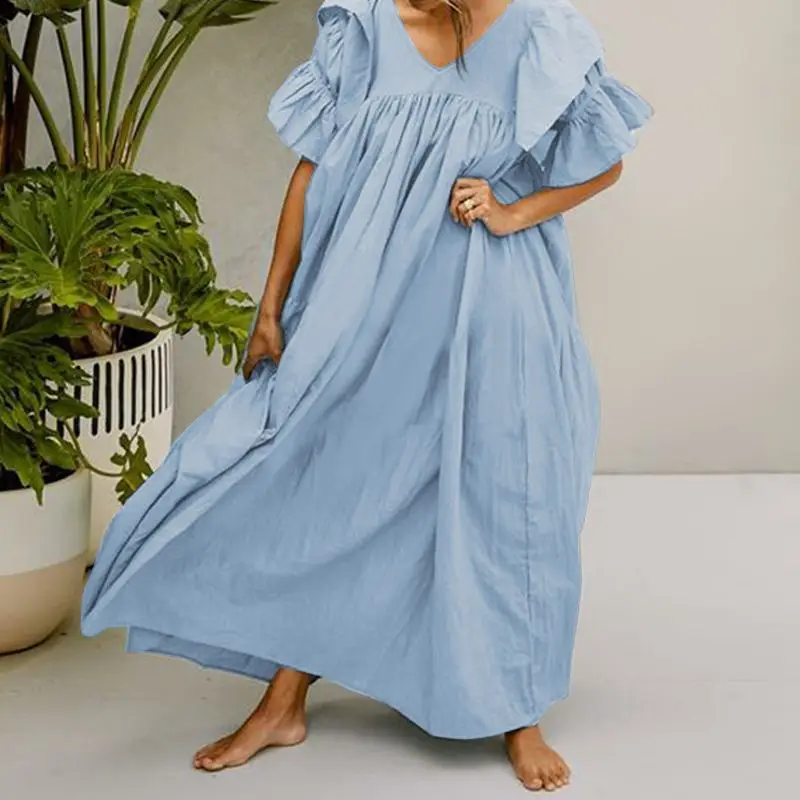 Сарафан размера плюс, повседневные женские длинные платья макси с оборками, летние сексуальные платья с v-образным вырезом, мешковатые плиссированные вечерние платья vestidos mujer