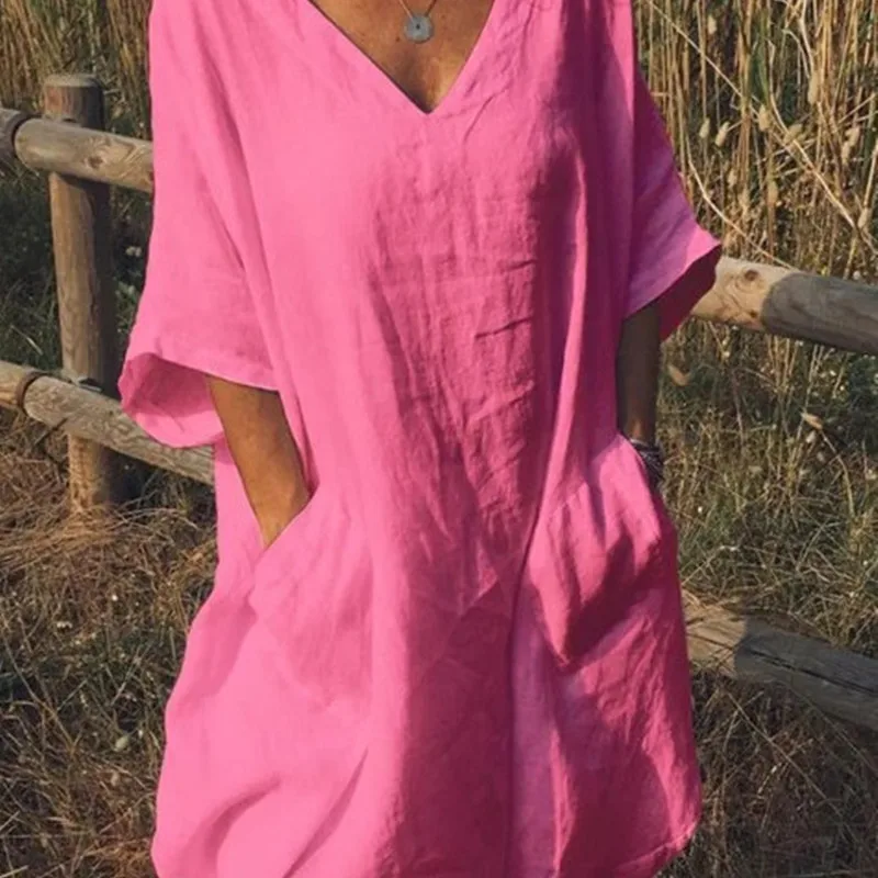 2019 summer new large size women's dresses pure color casual V-neck five-point sleeve double pocket | Женская одежда