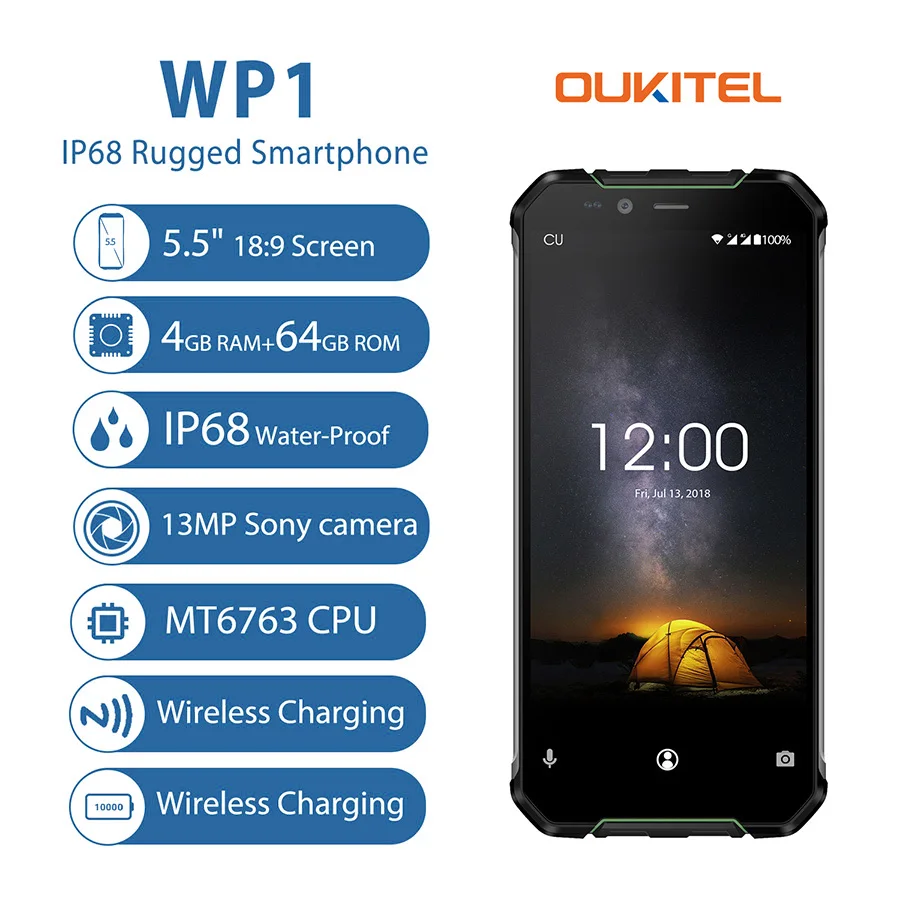 OUKITEL WP1 IP68 Водонепроницаемый Android 8 1 5 ''FHD Octa Core 4 Гб + 64 MTK6763 5000 mаh 9В/2A Беспроводная