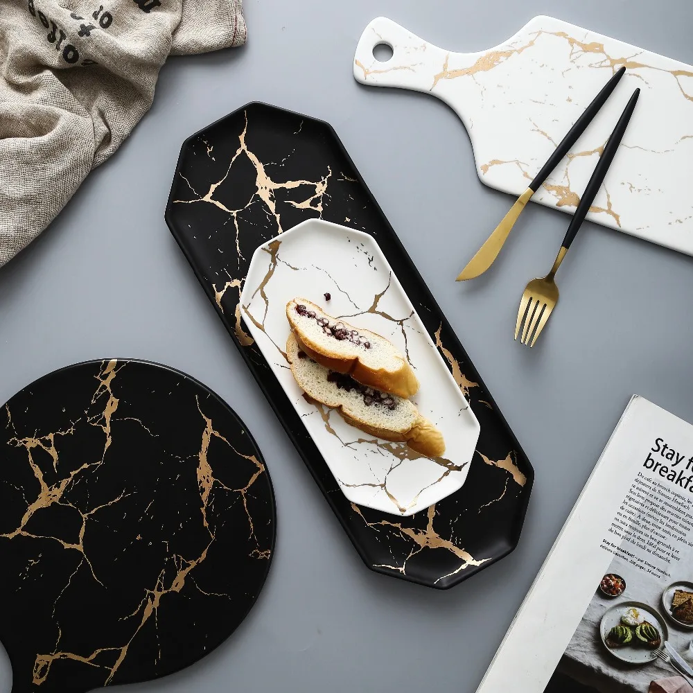 European White Black Golden Ceramic Dishes And Plate Pizza Dessert Steak Dinner Set Porcelain Tableware Decorative Food Tray bone china white plate korean pure breakfast european designer dessert tableware western steak home decoration