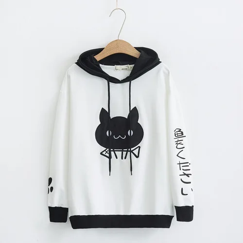 white tops Женские осенние модные толстовки, пуловер, Японский кот, слова, толстовки, Harajuku Kawaii, женская черная белая Лоскутная Толстовка - Цвет: white tops