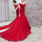 Женское вечернее платье с юбкой-годе, красное кружевное платье с V-образным вырезом и открытыми плечами, с аппликацией, в стиле звезд, для выпускного вечера, 2021