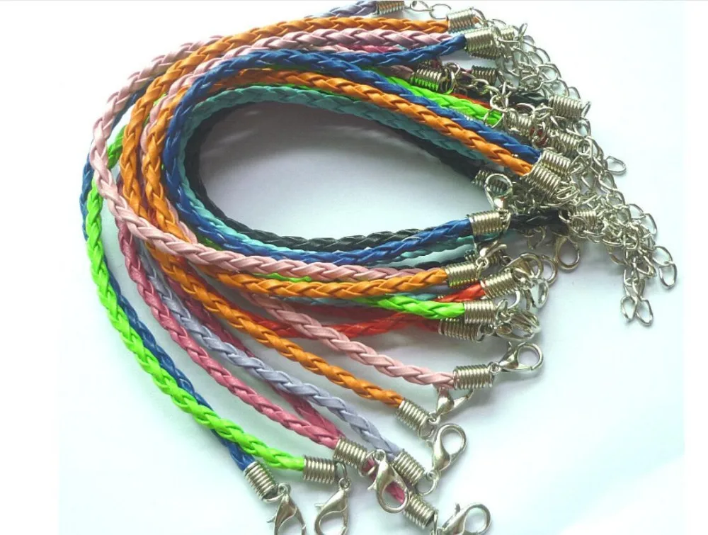 

3.5MM Black color leather cord Bracelets with Lobster Claw Clasp and Extension Chain for Handmade bracelet