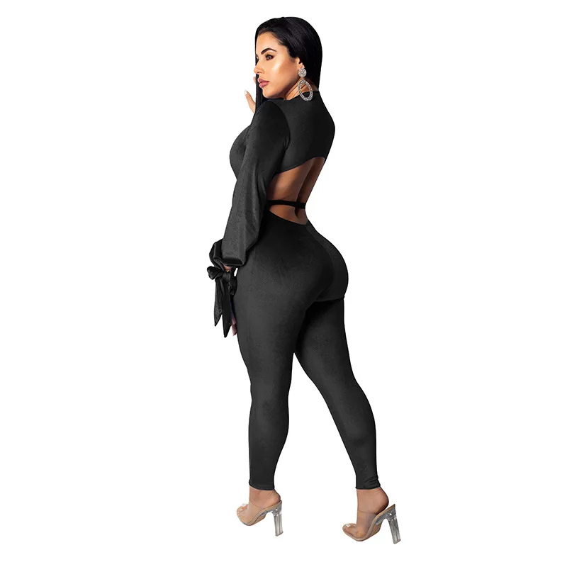 

OMILKA 2019 Women Long Sleeve V Neck Velvet Backless Bodycon Rompers and Jumpsuits Sexy Black Blue Red Club Party Overalls