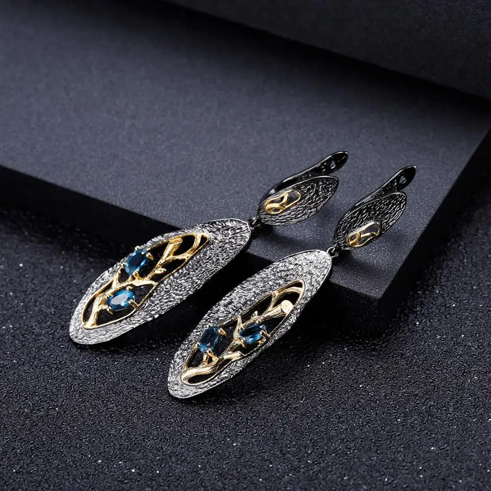 GEM'S BALLET 925 Sterling Silver Natural London Blue Topaz Handmade Petal Floral Drop Earrings for Women Fine Jewelry | Украшения и