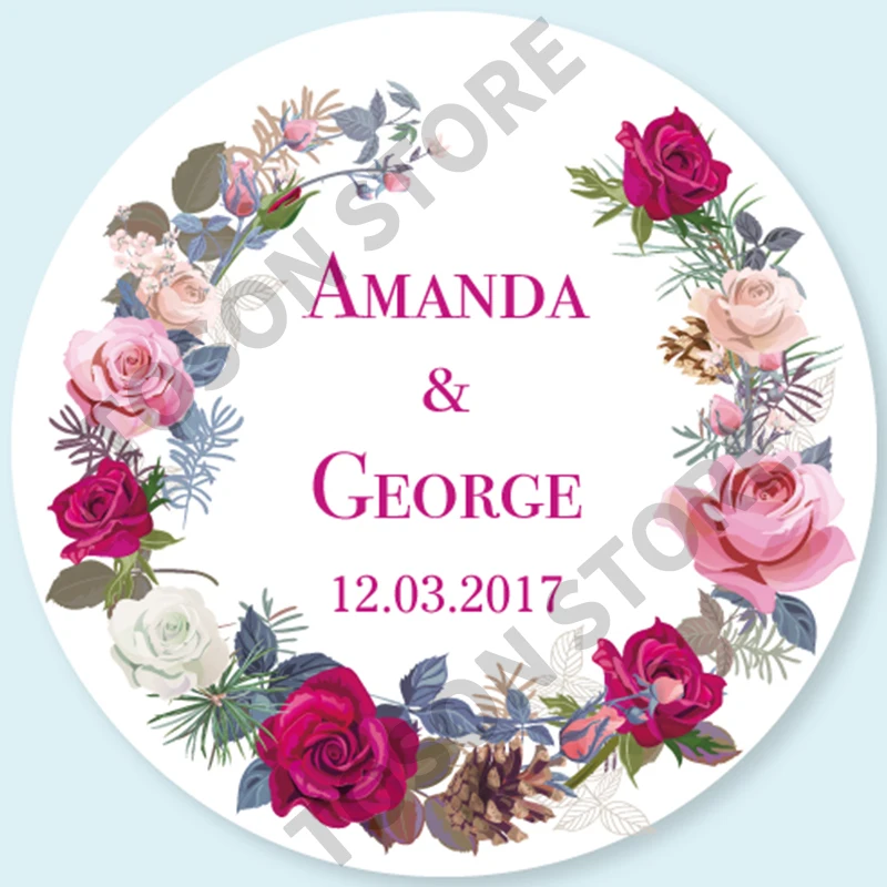 100, Silver laser Customized text logo, Wedding Stickers, Invitations Seals, Candy Favors Gift Boxes Labels, On White Adhesive