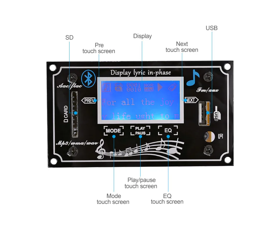 AIYIMA 12 в MP3 декодер lcd сенсорный экран Расшифровка Bluetooth аудио модуль поддержка FLAC FM радио AUX USB с лирикой дисплей