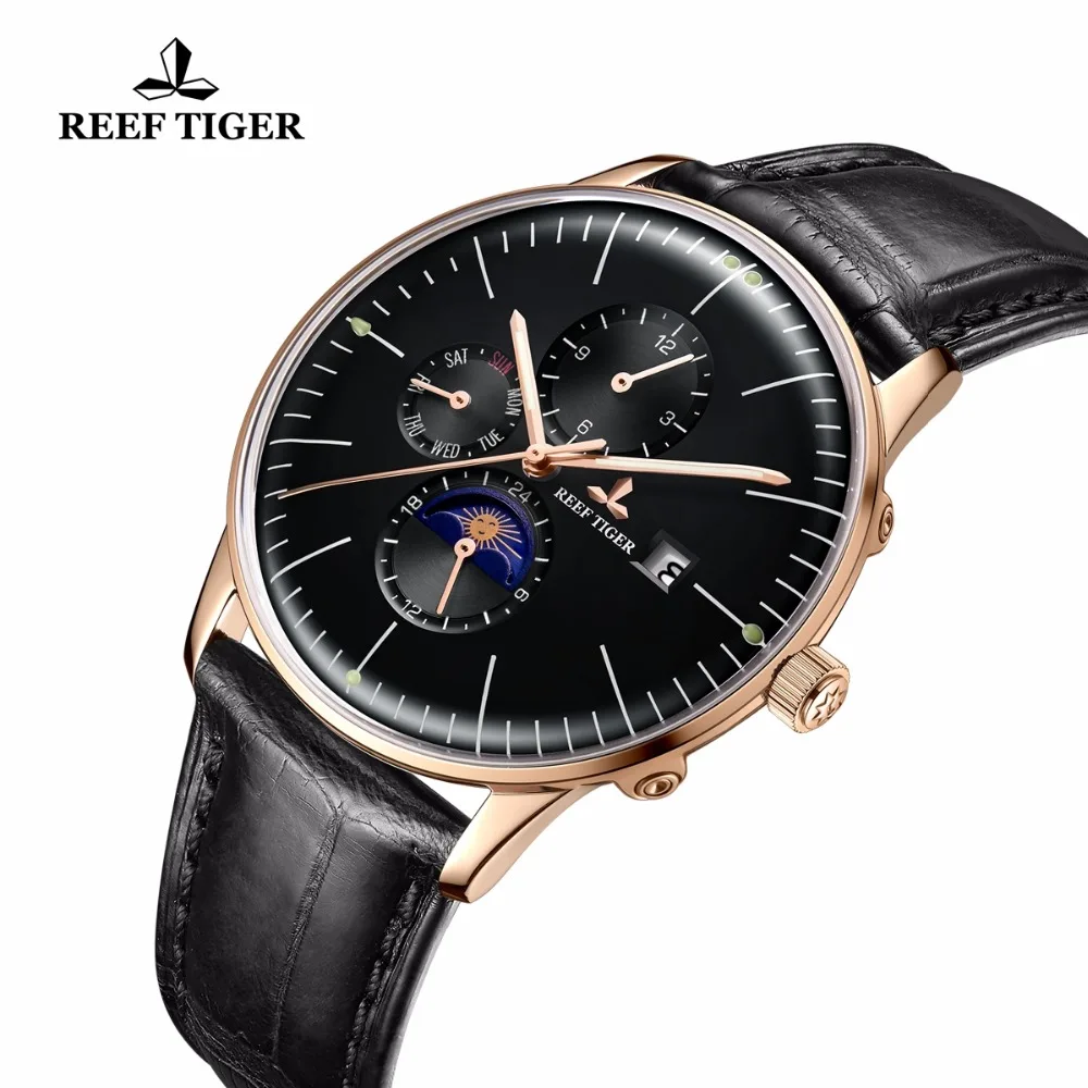 Reef Tiger RGA1653 мужские деловые ультра тонкие тройные окна автоматические механические наручные часы с автоматической датой, неделю, 24 часа