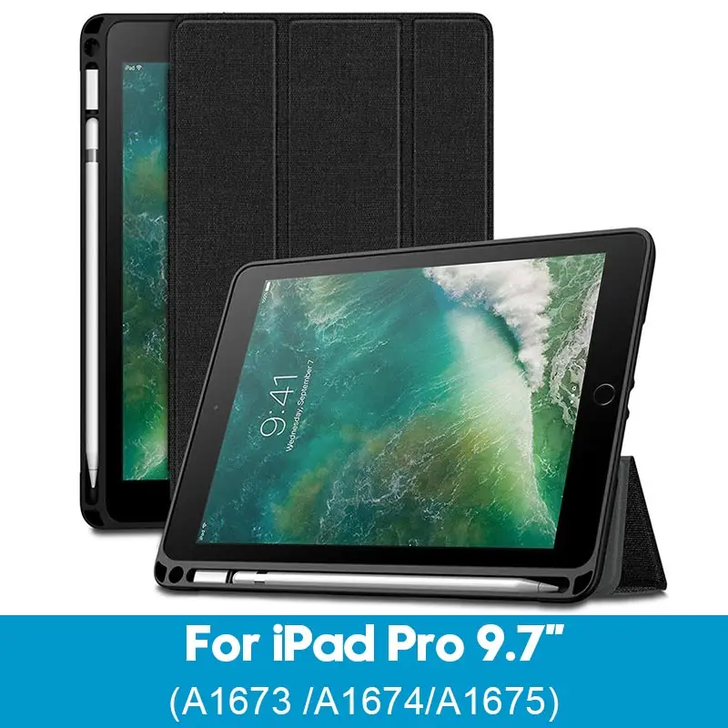 Тканевый Текстурированный чехол для iPad Pro 9,7 с держателем карандаша Apple, умный кожаный мягкий силиконовый чехол-накладка для iPad 9,7 Pro - Цвет: Pro 9.7 Black