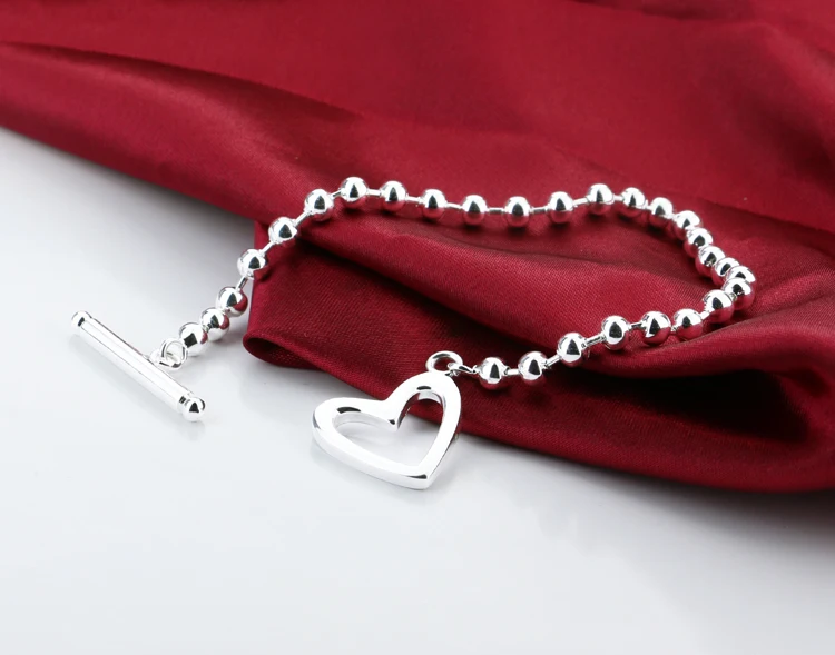 New Female 925 sterling silver bracelet cute heart pendant contracted design process round beads girls jewelry gift | Украшения и