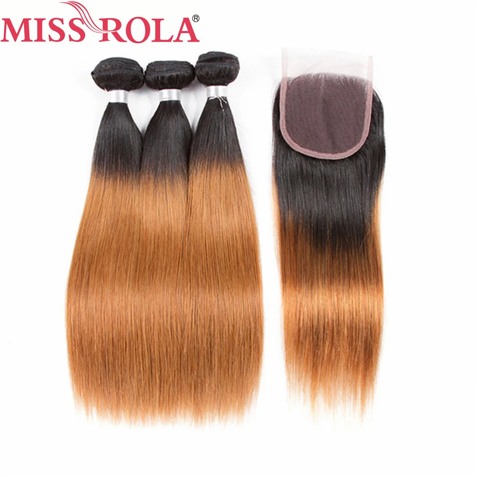 Miss Rola Hair Remy Straight Hair Bundles With Closures Ombre T1B/30 Brazilian Pre-Colored 100% Human Hair Extensions