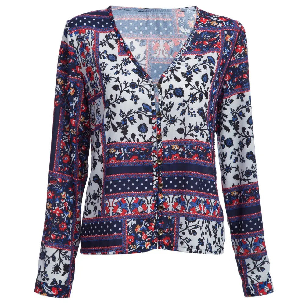 Spring Women Elegant Casual Blouse Old Classical Style V-Neck Floral Print Long Sleeve Vintage Shirt Basic Top Female |