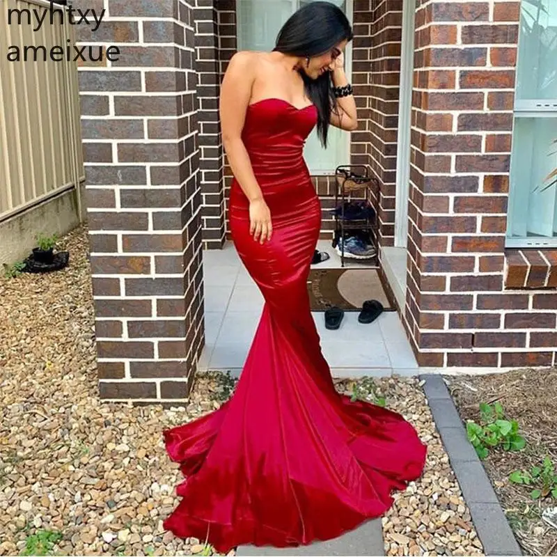 Custom Mermaid Plus Size Evening Dress Sweetheart Neckline Simple Red Satin Sexy Women Formal Party Gowns Trumpet Robe De Soiree