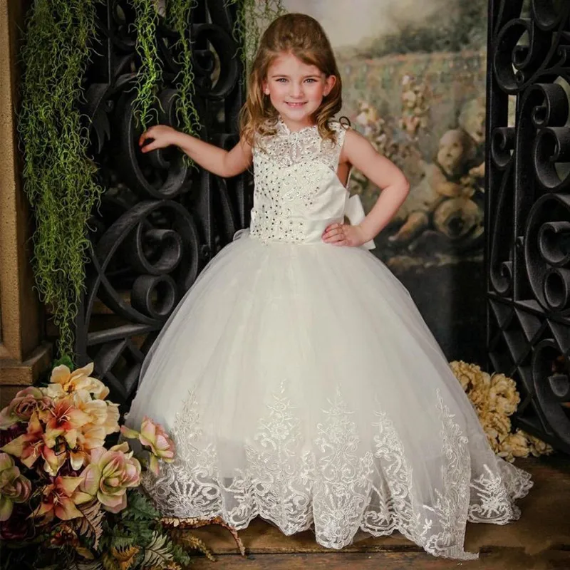 Luxury Flower Girl Dress Sparkly Crystals Bow Keyhole Back Puffy Kids Prom Longo First Communion | Детская одежда и обувь
